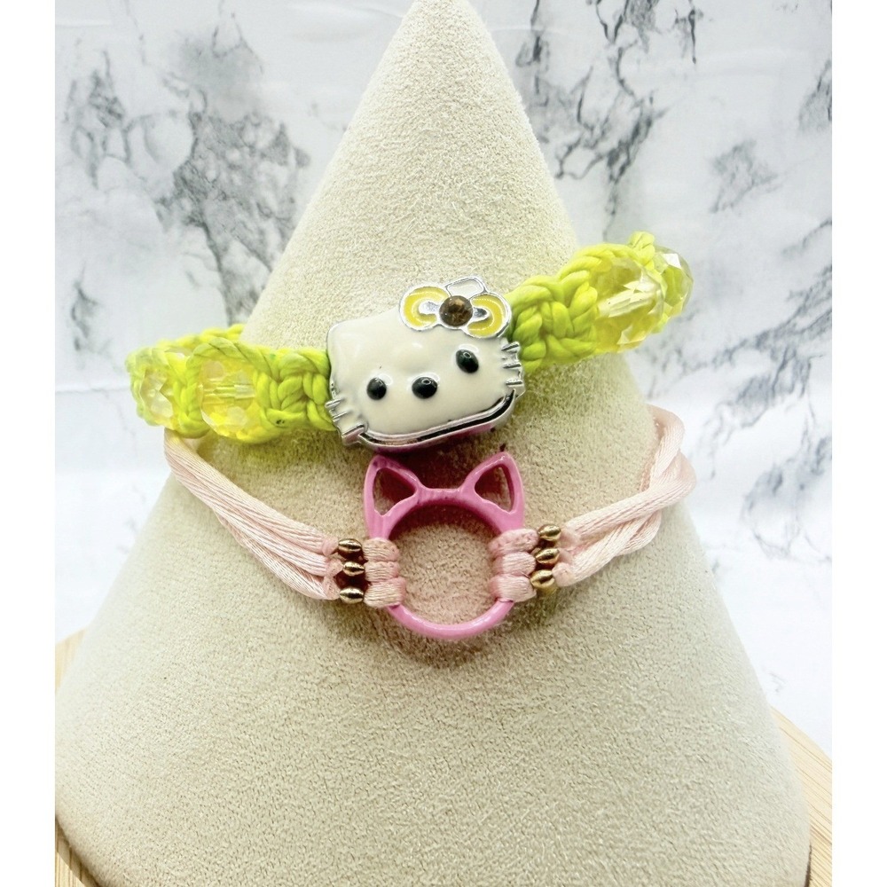 Girls Cat Bracelets Lot of 2 Pink Cord Green Macrame Adjustable Kitty